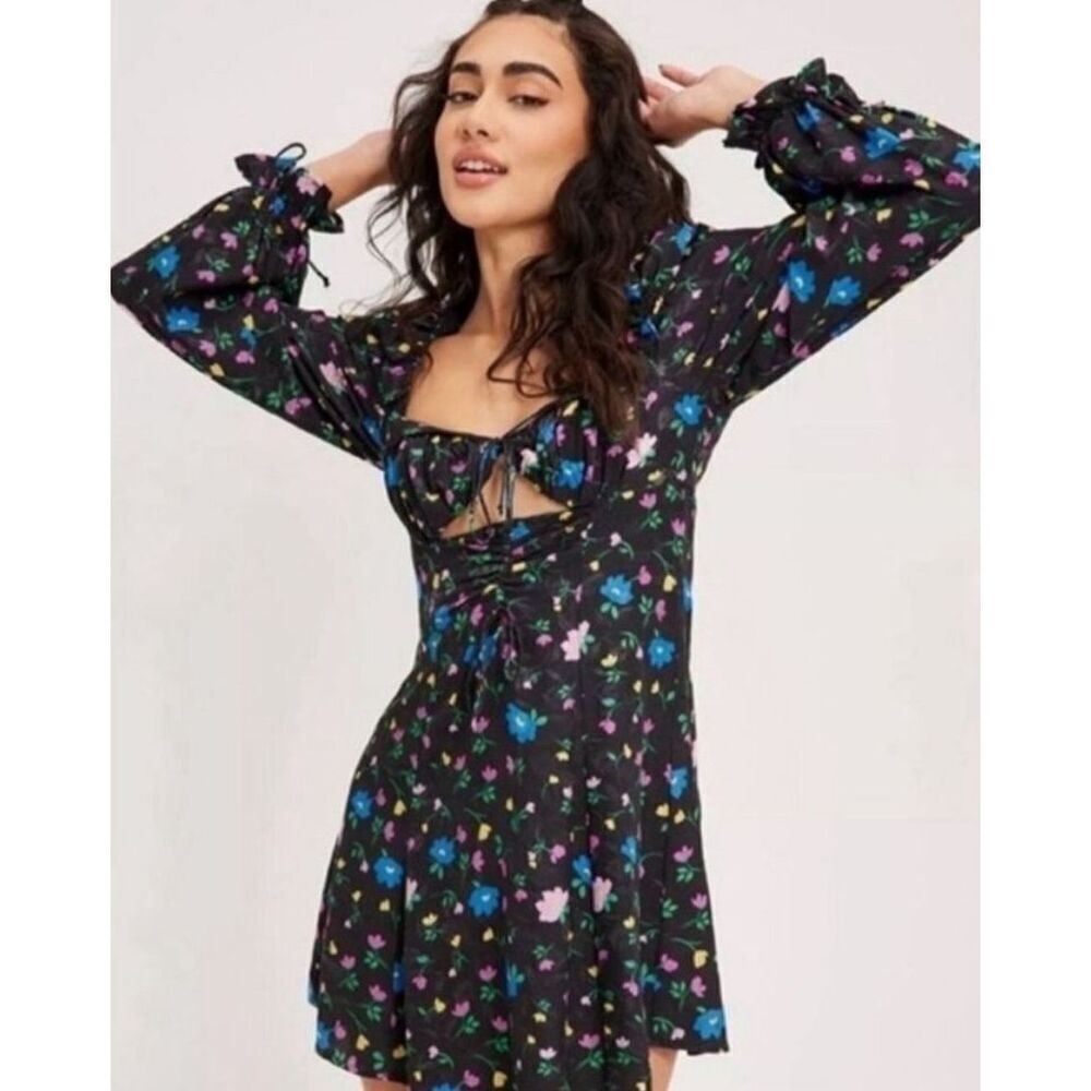 New For Love and Lemons Lexy Black Floral Long Sleeve Dress Size XS - Picture 5 of 12